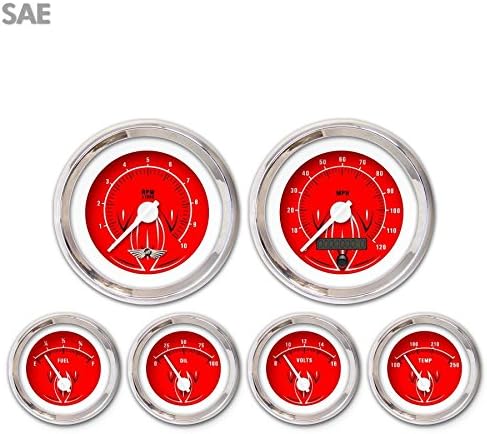 6 Gauge Set with emblem - SAE Pinstripe II Red , White Modern Needles, Chrome mg tc 510 1932 automotive model t 2 din procharger bbc formula amc wrecker 671 camper 428 chopper race hotrod 426