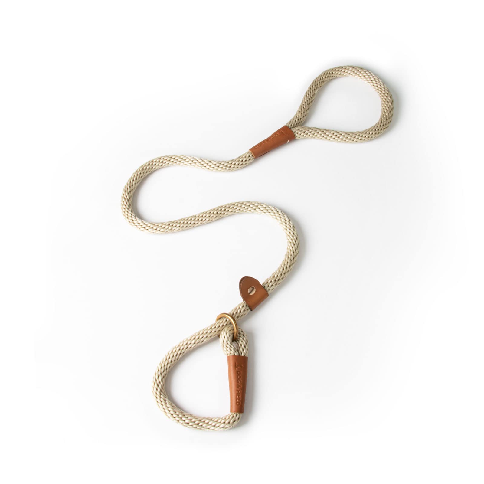 Dog & Field Lux Woven Slip Lead - Ivory. 1.2m Soft Braided Rope Dog Training Lead With Brass Fittings & Leather Bindings. No Collar Or Harness Needed, One Size