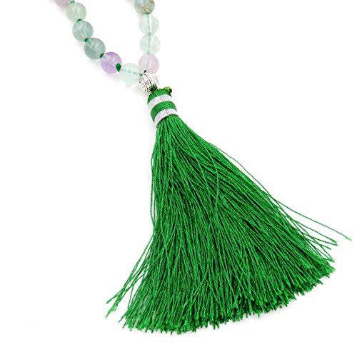 Mala Beads Necklace, Mala Bracelet, Buddhist Prayer Beads Necklace, Tassel Necklace (Rainbow Fluorite)