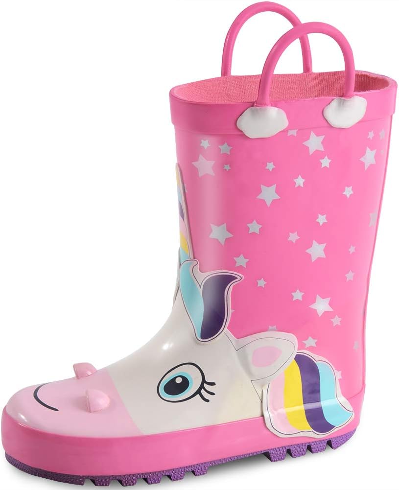 KushyShoo Girls Rain Boots Fun Printed Rubber Boot with Easy-On Handles for Toddler/Little Big Kids