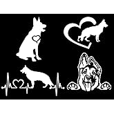 Slaced German Shepherd White Decals 4 Pack: Sitting, Heartbeat, Heart, Smiling (3.5'', Window, Vinyl, 6+ Year Outdoor Rating, Single Use, Water Resistant, USA Made)