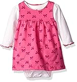 BON BEBE Baby Girls' 2 Piece French Terry Jumper Set with Longsleeve Bodysuit, Pink Ribbons, 6-9 Months