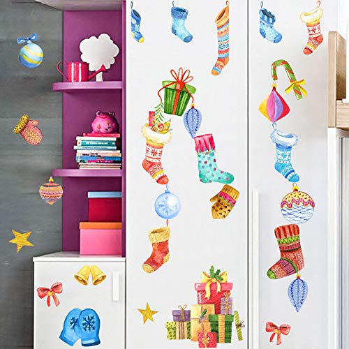 IARTTOP Colorful Christmas Supplies Wall Decal, Watercolor Christmas Socks Gloves Window Clings Decorations Bell Sticker for Kids Room Bedroom Decor (31Pcs)
