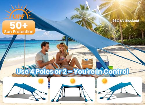 Beach Tent, UPF 50+ Sun Shelter with 8 Sandbags, Sand Shovels, Ground Pegs & Stability Poles – Portable Shade Canopy for Camping, Fishing, Backyard Fun, or Picnics (Navy Blue)
