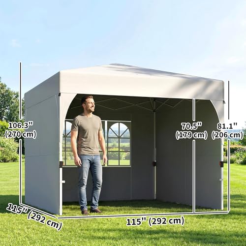 Outsunny 9.6 x 9.6 ft Pop Up Canopy Tent with 3 Sidewalls, UPF 50+ 1-Button Push Easy Setup Outdoor Instant Canopy Portable Shelter with 4 Sandbags, Carry Bag, Light Grey