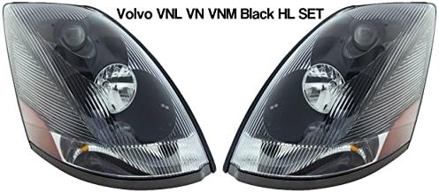 Volvo VNL Black Headlight Set | Driver and Passenger Side | Fits Volvo VNL Trucks 2004–2015 | Wire Harness &amp; Halogen Bulb Included | Direct replacement for OEM 82329123 &amp; 82329127 | Areion