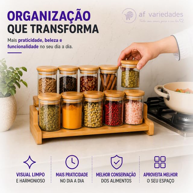 Kit 10 Potes Herméticos de Vidro 250 ml com Tampa de Bambu Redondo | Conjunto de Porta Mantimentos | Organizador de Cozinha com Vedação de Silicone para Temperos, Grãos, Café, Açúcar e Alimentos