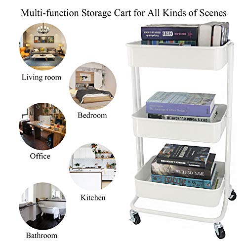 Ovicar 3-Tier Metal Rolling Utility Carts, Heavy-Duty Storage Shelves, Trolley Organizer with Handles and Wheels for Office Home Kitchen Bathroom Organization, White