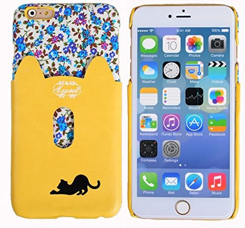 [Yellow] Cute Cat Ear Shape ip6 plus PU Leather Flower Layered Back [Card Pocket] Rigid Case Cover For Apple iphone 6 Plus 5.5"