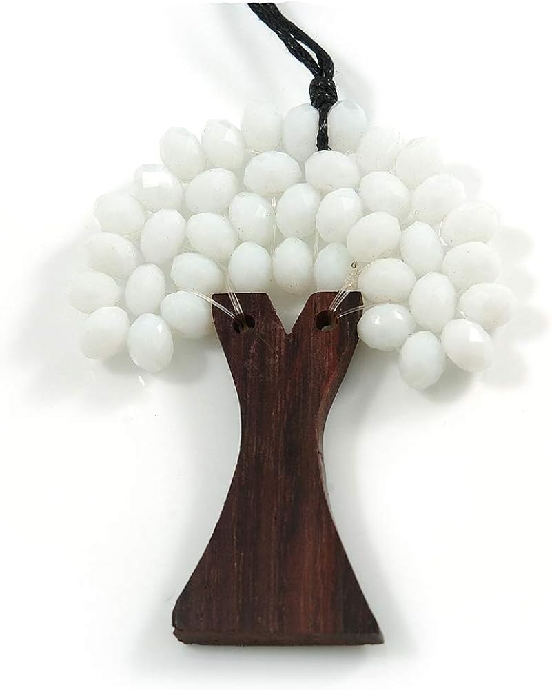 Avalaya White Glass Bead/Brown Wood Tree Of Life Pendant with Black Cotton Cord - 76cm L, white / ivory, brown