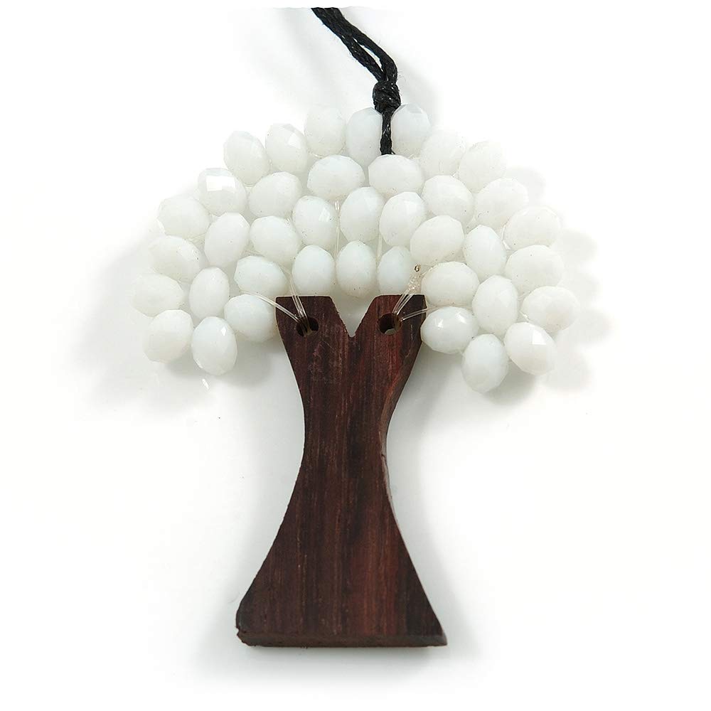 Avalaya White Glass Bead/Brown Wood Tree Of Life Pendant with Black Cotton Cord - 76cm L