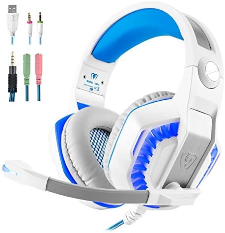 PS4 Headset, Xbox One Headset, Gaming Headset, Collee GM-2 3.5mm Stereo Bass Noise Cancelling Over-Ear Headphones with Mic Volume Control LED Lights for PC, Laptop, Smartphones, Wii U (White-blue)