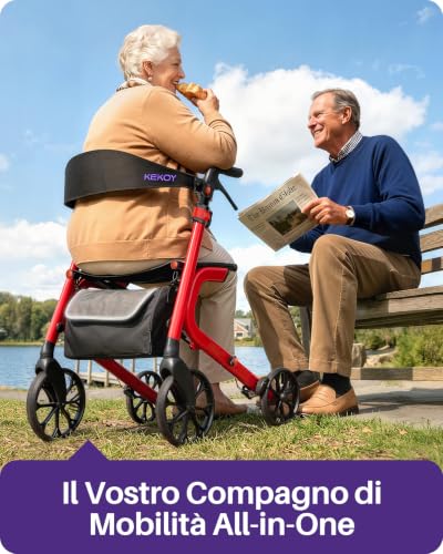 Kekoy Bariatrico Resistente Deambulatore per Anziani 4 Ruote, Pieghevole, 226 kg Portata, Sedile 50 cm Extra Largo, Ruote 25 cm Per Tutti I Terreni, Altezza Regolabile, Freni con Cavi Nascosti, Rosso