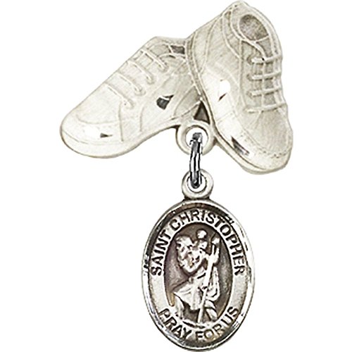 Sterling Silver Baby Badge with St. Christopher Charm and Baby Boots Pin 1 X 5/8 inches