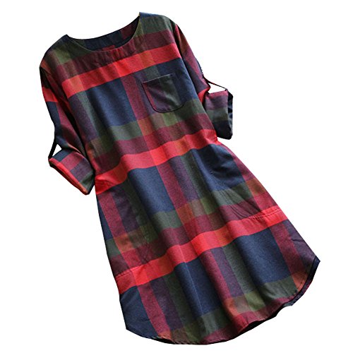 Ashir Aley Vintage Red Plaid Round Neck Loosen Pockets Long Sleeve Casual Tunic Shirt Dress(L)