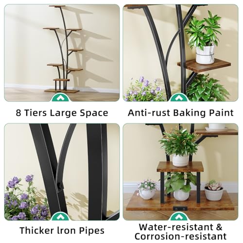 Kalrin 8-Tier Plant Stand Indoor with Grow Lights, 63" Tall Lighted Corner Plant Stands for Indoor Plants, Metal Plant Flower Display Shelves, Plant Shelf Plant Rack for Home, Living Room (Brown)