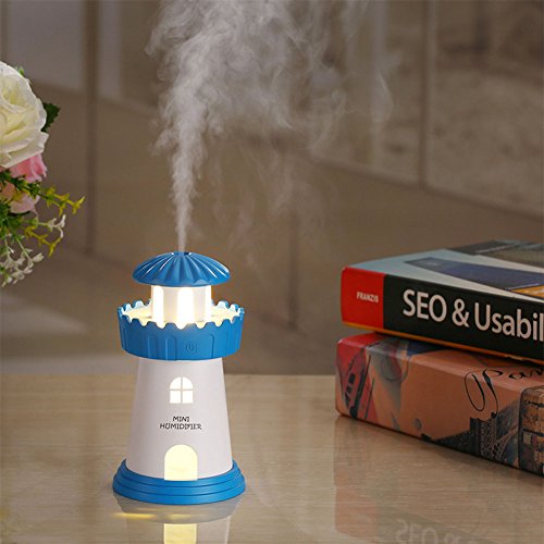EDTara Lighthouse Humidifier USB Charging Essential Oil Diffuser Aroma Diffuser LED Night Light for Home Office Car Gift Decoration Blue