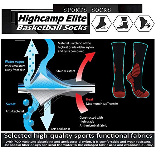 2 Pairs PK Elite Basketball Socks Dry Fit Warm Crew Sports Athletic Socks for Boy Girl Men Women (Black/Red X 2PK, L)