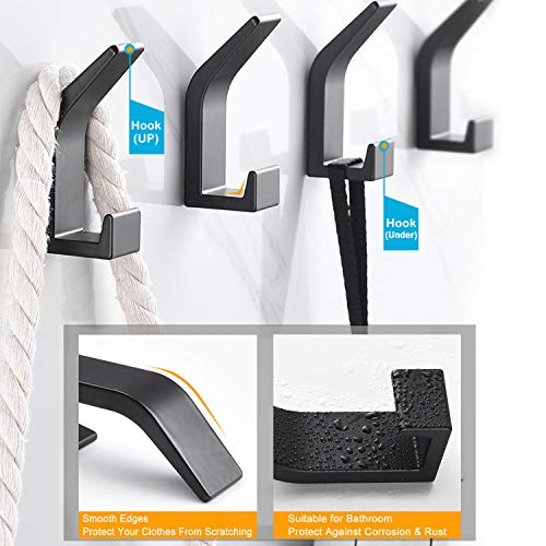 AYOTEE Wall Hooks for Hanging Coats, 5 Packs Nail-Free and Drill-Free Double-Hook Fall-Off Preventing Coat Hooks, Waterproof Black Door Hooks and Bathroom Hooks