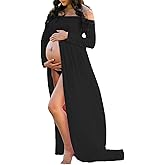 Mommy Jennie Maternity Dress Off Shoulder Long Sleeve Split Front Chiffon Gown for Photoshoot