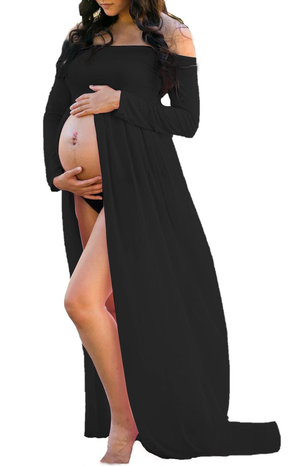 Photo 1 of Mommy Jennie Maternity Dress Off Shoulder Long Sleeve Split Front Chiffon Gown for Photoshoot,Black