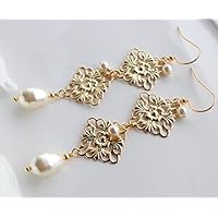Cream Pearl Gold Filigree Long Wedding Earrings