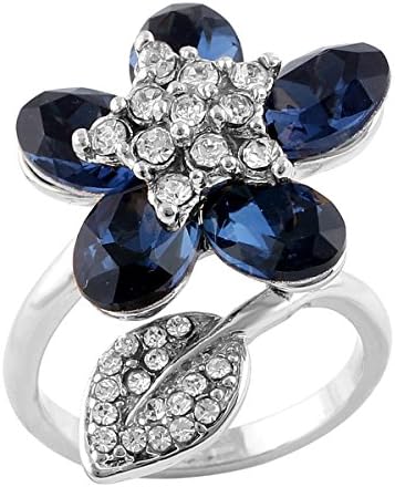 Shuyani Pretty Blooming Star Flower Design setted Blue Oval Zircon Crystal Wedding Ring (white-gold-plated, 6.5)