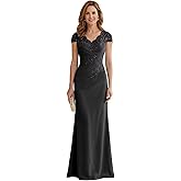 Qbnme Long Lace Mother of The Bride Dresses for Women Elegant Chiffon V Neck Formal Wedding Guest Dress with Sleeves