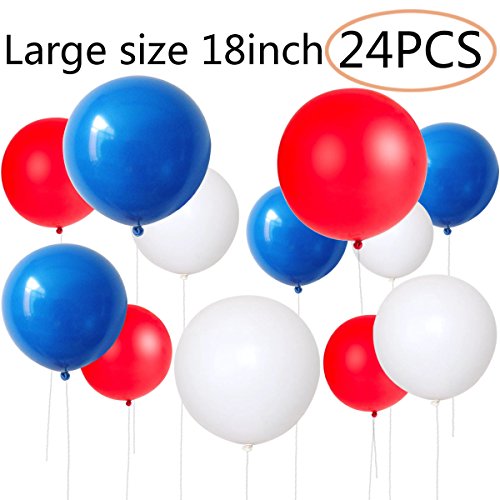 zsnice Labor Day Fourth of July Decorations Balloons Huge Size 18inch 24pcs, July 4th Party Supplies Red Blue and White Latex Balloons