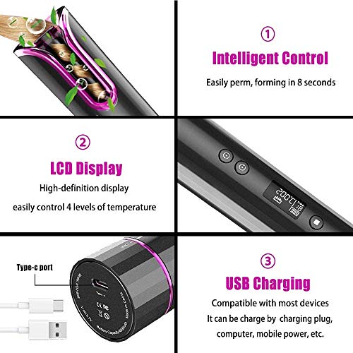 Cordless Hair Curler Automatic Curling Iron with LCD Display for Long Hair Portable USB Rechargeable Auto Shut-Off Curling Wand