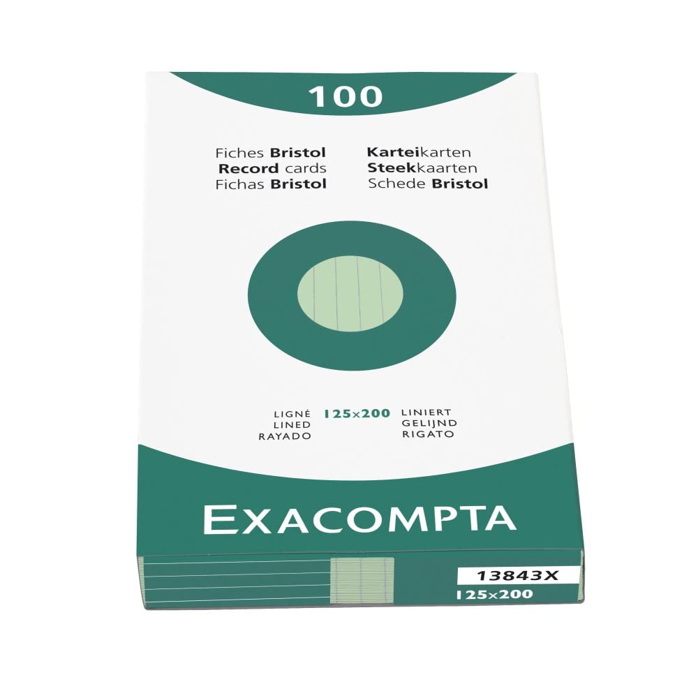 Exacompta - Ref 13843X - Bristol Lined Record Cards (Pack of 100) - 125 x 200mm in Size, 205gsm Card, Compatible with Printers - Suitable for Exam Revision & Notes - Green