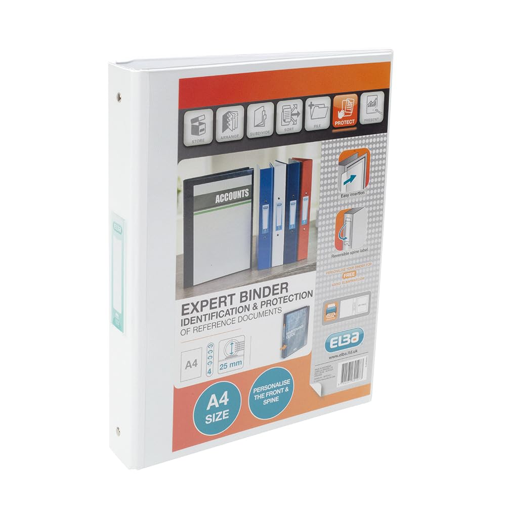 Elba A4 4 O-Ring Binder, 25mm capacity, 30mm spine, Presentation Folder with Customisable Cover, Portrait, White (Single)