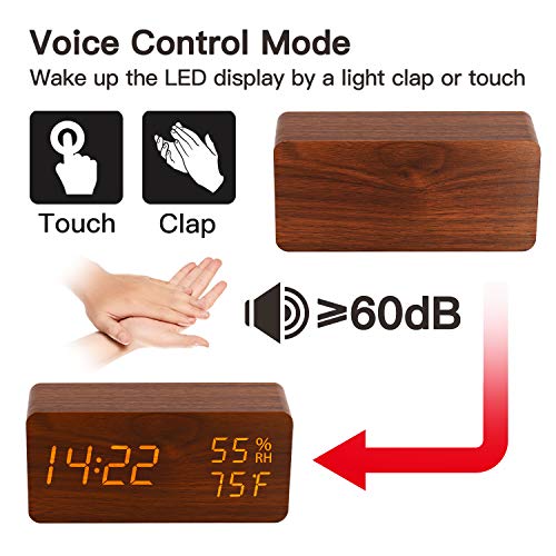 image for AHOMATE Digital Alarm Clock, Wood LED Adjustable Brightness Voi