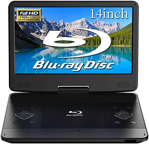 ポータブルブルーレイプレーヤー 14インチ フルhd 大画面 270度回転 Hdmi入力出力 車載 ポータブル Dvdプレーヤー ブルーライトカットメガネ付き
