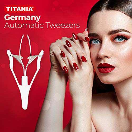 Titania Germany Automatic Tweezers - Premium Stainless Steel Tweezer with Angled Tips & White Plastic Handles For Easy Grip & Clean Plucking - Precision Eyebrow & Hair Remover