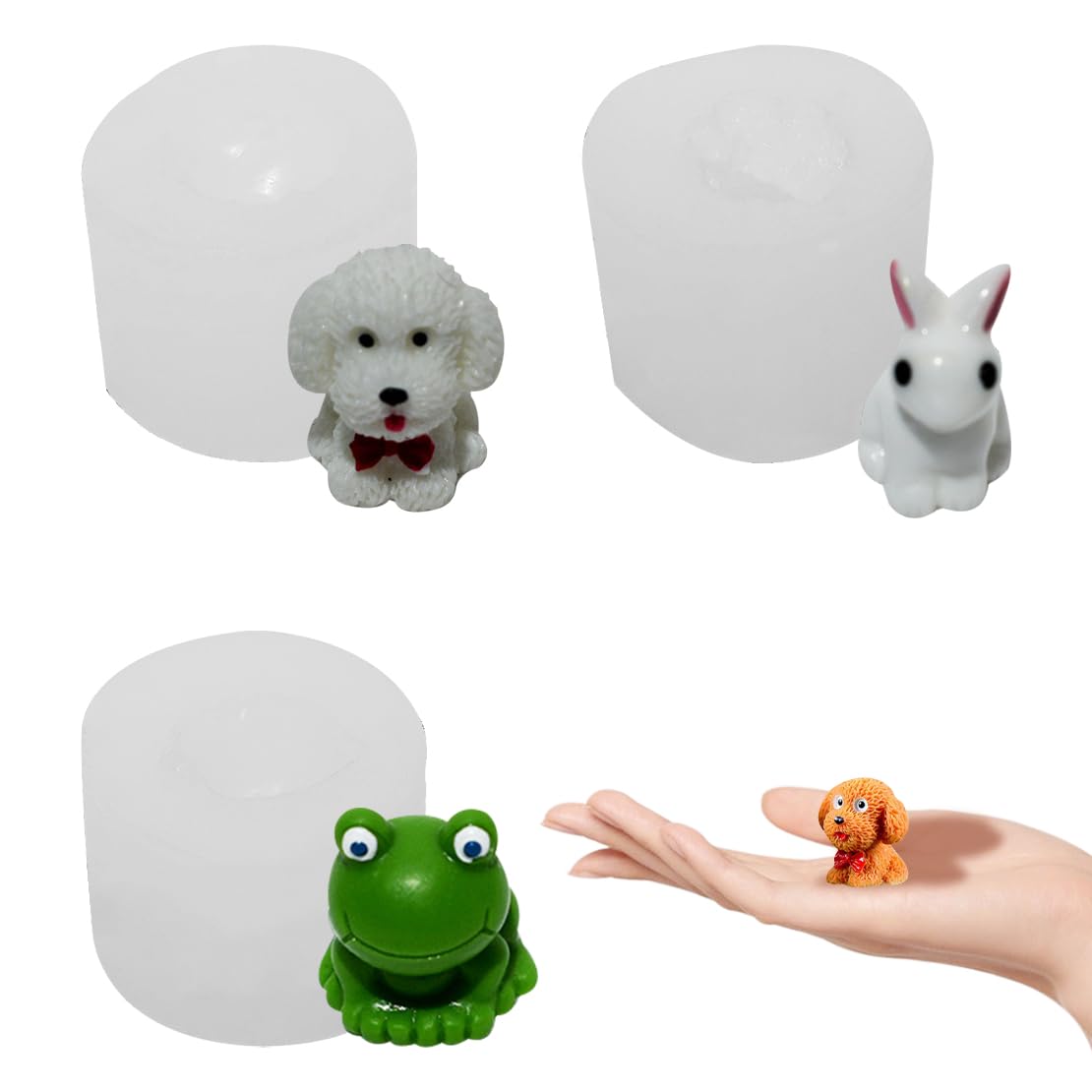 DeryArcle 3Pcs Mini Animal Resin Moulds Frog Rabbit Epoxy Casting Mould 3D Teddy Dog Silicone Mold for DIY Ornament Soap Candle Keychain Decoration