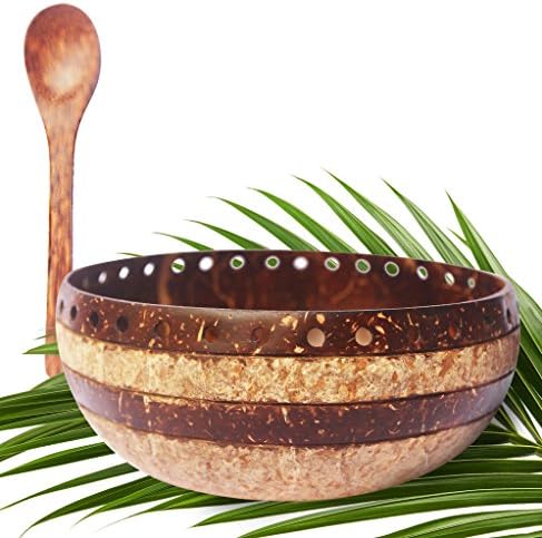 VIBE Coconut Bowl with Spoon - Mix and Match, 7 Designs To Choose From. Hand-Carved and Sustainably Produced By Top Coconut Smoothie Bowl Artisan - Premium, Vegan, Buddha Bowls (Amara)