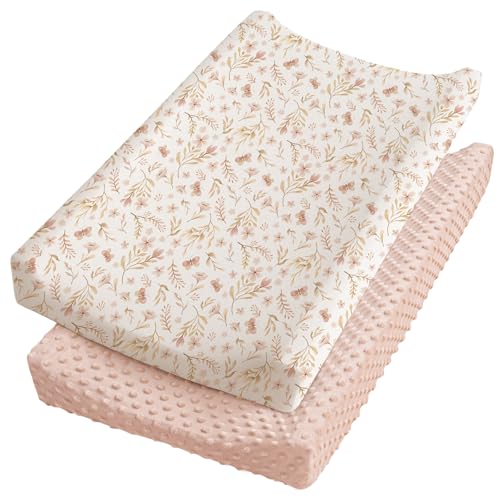 Konssy Minky Changing Pad Cover 2 Pack, Soft Minky Dots Plush Diaper Changing Table Cover Set, Breathable Changing Pad Sheets for Baby Girls Boys (Pink Spring, Blush)