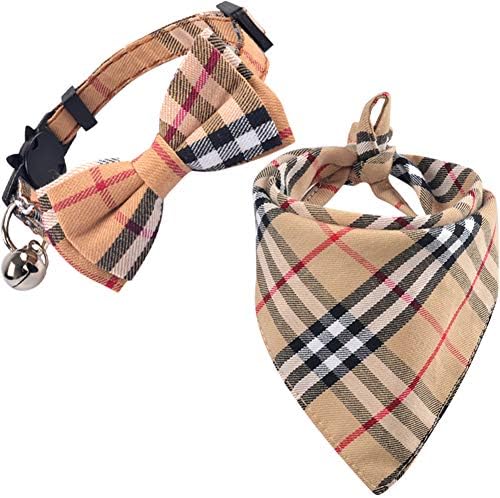KZHAREEN Cat Collar and Bandana Set Collar Breakaway with Cute Bow Tie Bell Plaid Scarf Triangle Bibs Kerchief Adjustable for Kitty Small Dogs Puppies