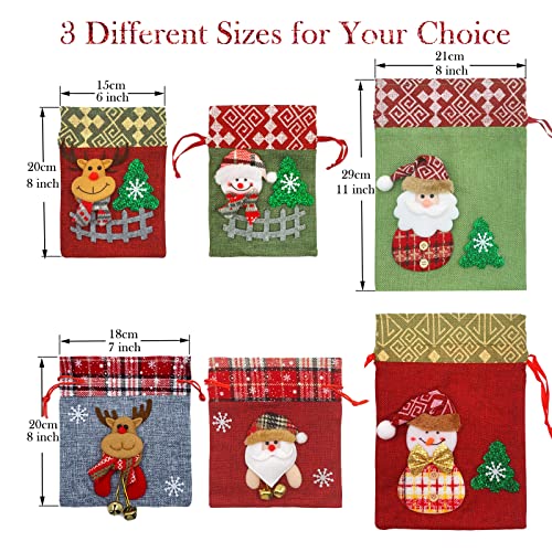 Christmas Gift Bags 6PCS 3D Design Small Medium Burlap Bag Christmas Gift Wrapping Bag Assorted Sizes Xmas Drawstring Bags Reusable Holiday New Year Party Favor Goody Bags Candy Stockings Storage Bag