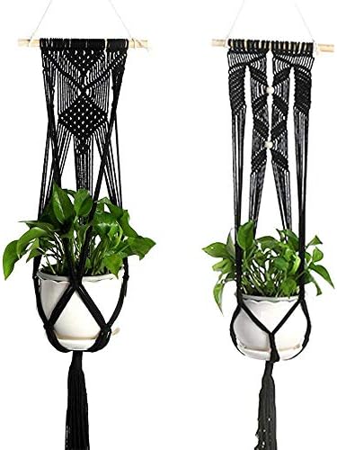 Set of 2 Macrame Plant Hanger with Wooden Dowel Wall Hanging Planter Basket for Indoor Outdoor Flower Pot Plant Holder Wall Art Vintage Home Boho Decor, Cotton Rope Weaving, 4 Legs 41 inch (Black)