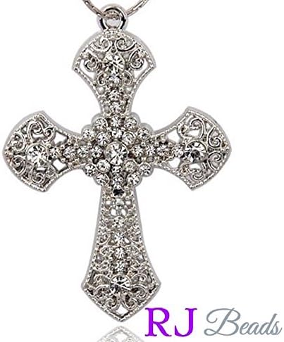 RJ BEADS Lot of 2 large Silver Rhinestone Crystal Wedding Bridal Shower Rosary Cross Pendant Charm