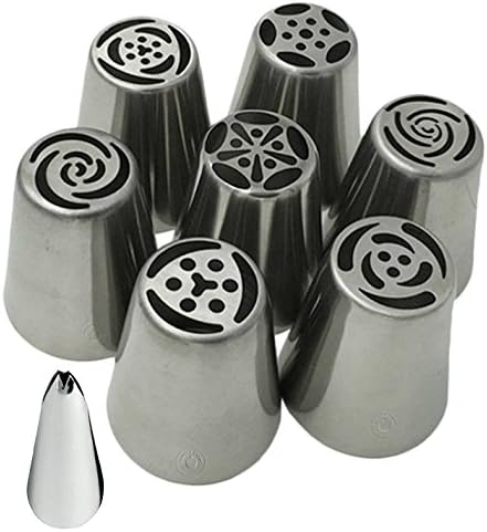 Acacia Place Russian Piping Tips Large Flower Cake/Cupcake Stainless Steel Decorating Icing Nozzles 7pc Set Plus Bonus Leaf Tip