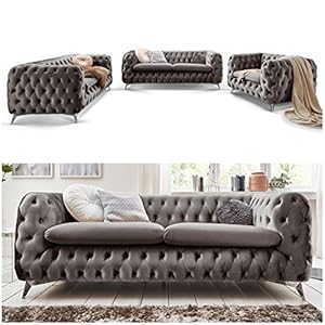Moebella Chesterfield Sofagarnitur 3-2-1 Emma Samtstoff Knöpfung Modern Designer Couch (Silber-Grau)