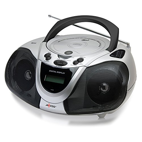 AXESS PB2706 Portable Boombox MP3/CD Player with Text Display, AM/FM Stereo and USB/AUX Inputs Black