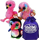 Ty Beanie Boos Tropical Birds Kiwi (Multi-Colored), Beaks (Toucan) & Gilda (Flamingo) Gift Set Bundle with Bonus Matty's Toy Stop Storage Bag - 3 Pack