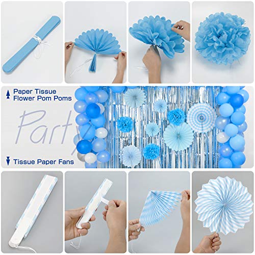 Blue Balloons Arch Garland Party Decorations Kit 114 Pack, Boy Baby Shower Balloons Set,Blue Sliver White Balloons + Foil Fringe Curtain + Paper Tissue Flower Pom Poms + Tissue Paper Fans for Birthday