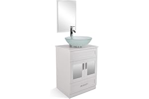 Puluomis 24 Inches Traditional Bathroom Vanity Set, Single White Cabinet and Glass Vessel Sink 1 Large Sliding Drawers and 2-Door Pop-up Drain Faucet
