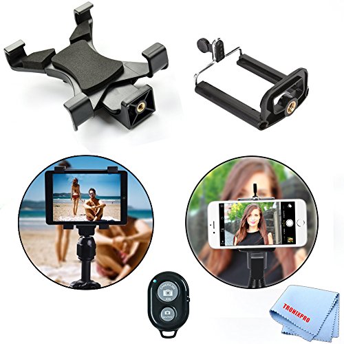 Tronixpro Universal Tablet Clamp Holder Fits on iPad, Air, Mini & Most Tablets + Universal Tripod Smartphone Mount for iPhones, Android Phones & Small Tablets + Bluetooth Remote & Microfiber Cloth