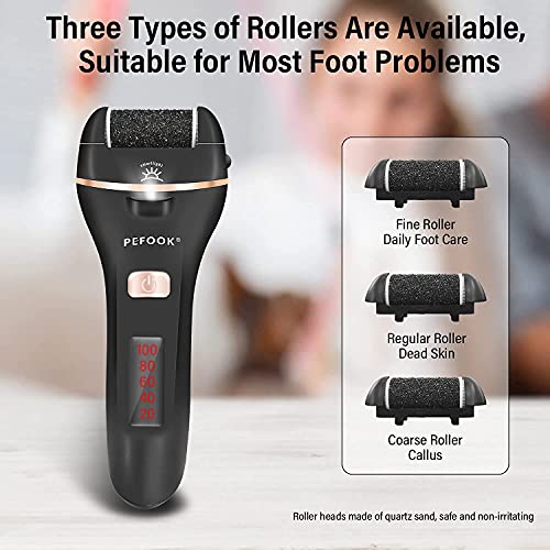 Electric Foot Callus Remover Kit，Rechargeable Pedicure Tools Foot Care Feet File With 3 Roller Heads，Remove Cracked Heels Calluses and Dead Skin，2 Speed,Battery Display (Black)
